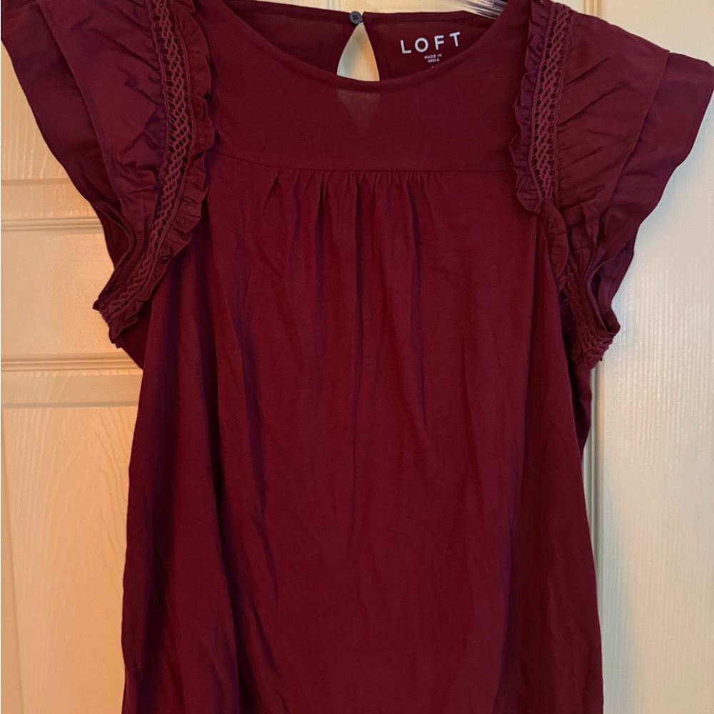 LOFT Women's Burgundy Cottage Core Ruffled Sleeve Top